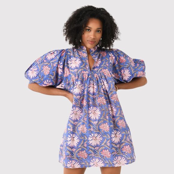 Sur La Vague Dresses & Skirts - Sur La Vague Mini Dress Purple Blouse Mini Floral V Neck Puff Sleeve Boho M/L